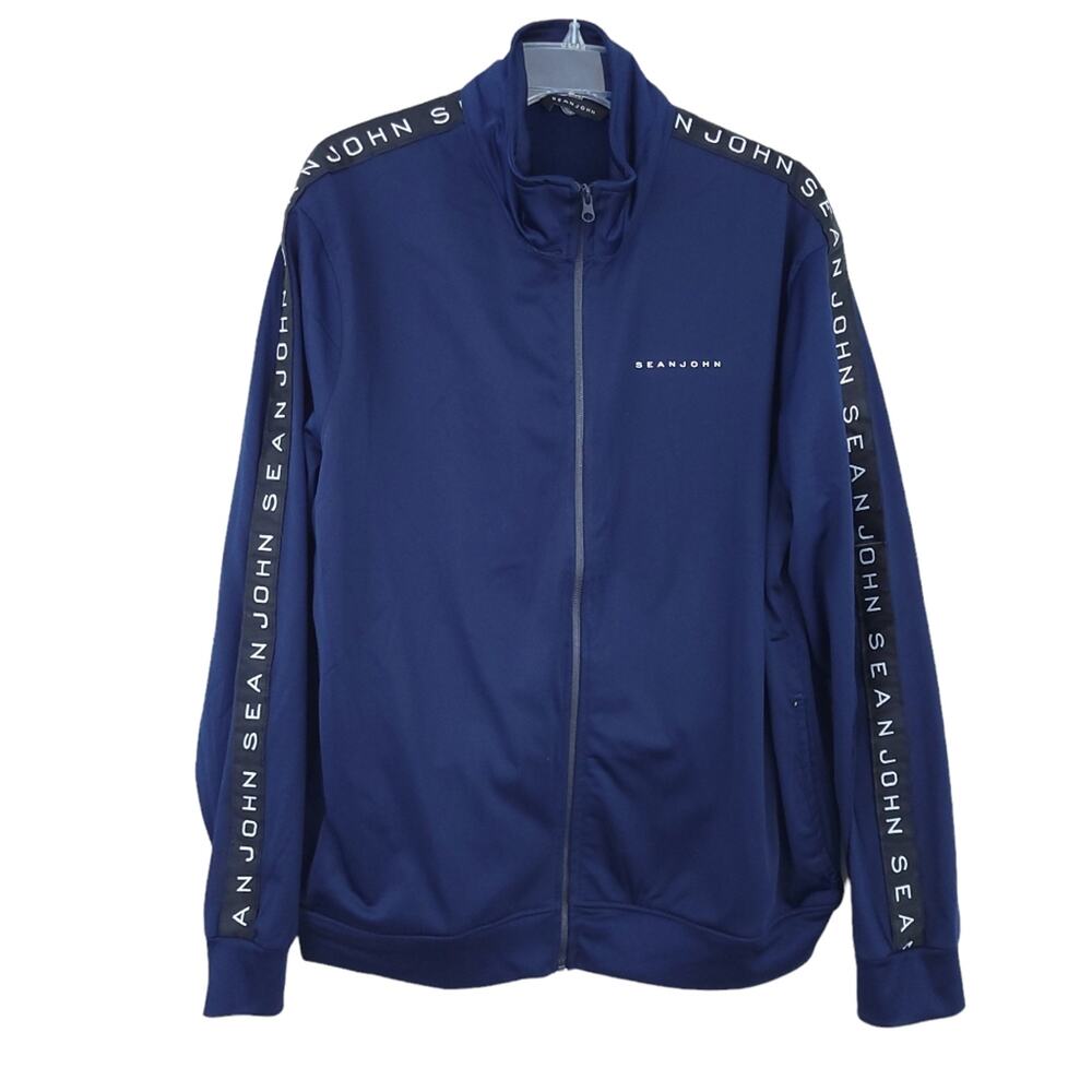 Sean John Track Jacket XL Men Navy Blue Zip Up, Mockneck, Pockets